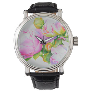 Vattenskärtad rosa blommigt rosa, vit blommigt armbandsur