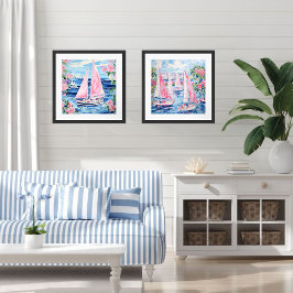 Vattenskärtad Rosa Segelbåt Kustblått Square Poster