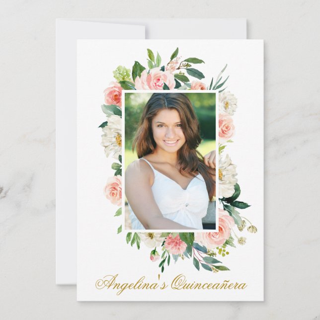 Vattenskärtad Rosa Vit Blommigt Photo Quinceanera Inbjudningar (Framsida)