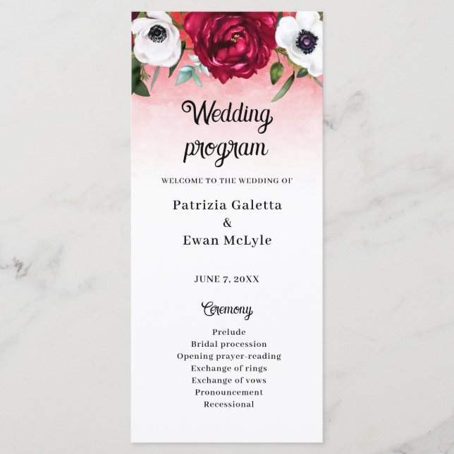 Vattenskärtad vit Blommigt, platta Bröllopsprogram Meny (Framsida)