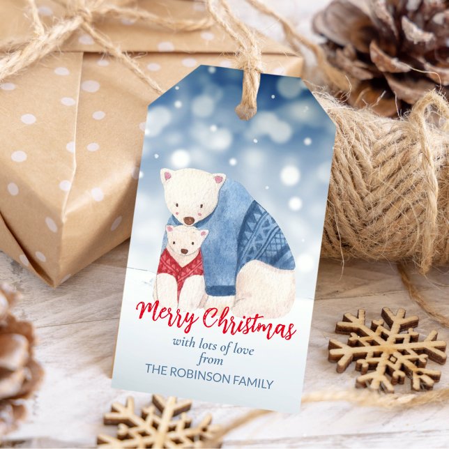 Vattenskärtbjörnar med skandinaviska polar presentetikett (Watercolor polar bears with Scandinavian jerseys Gift Tags)