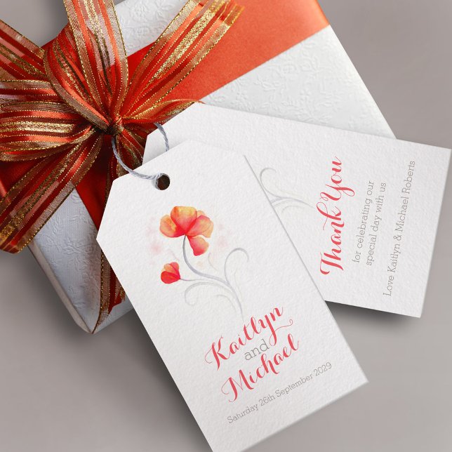 Vattenskärtblomma snurrande orange bröllop-märkre presentetikett (Skapare uppladdad)