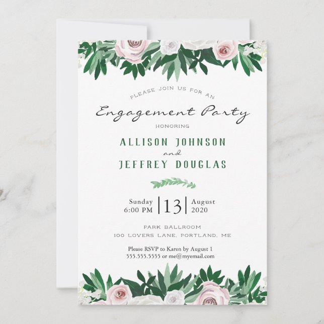 VattenskärtBlommigt Vit Grönt Förlovningsfest Inbjudningar (Framsida)