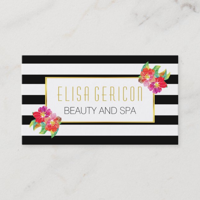 Vattenskärtblommor, svart och vit rand, blommigt visitkort (Framsida)