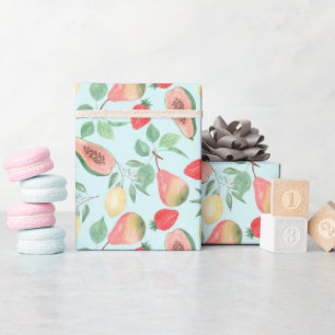 Vattenskärtcitroner fruktpapaya, päron, jordgubbar presentpapper