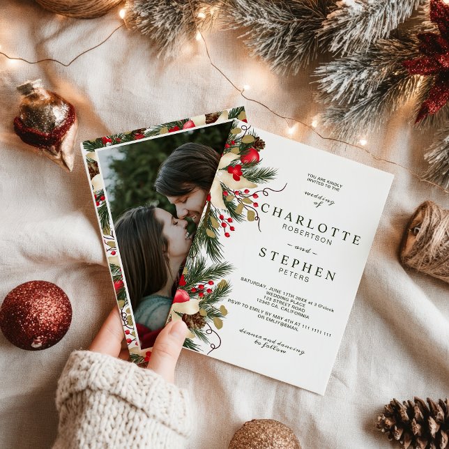 Vattenskärtfoto för julvintern, bröllop, blommigt inbjudningar (Christmas winter floral watercolor wedding photo invitation)