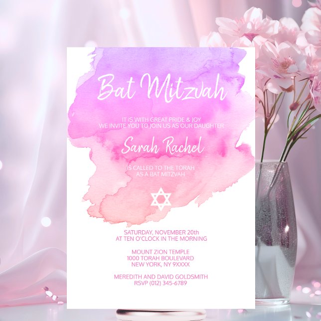 VattenskärtLila Rosa Peach Star BAT MITZVAH Inbjudningar (Watercolor Purple Pink Peach Star BAT MITZVAH Invitation)