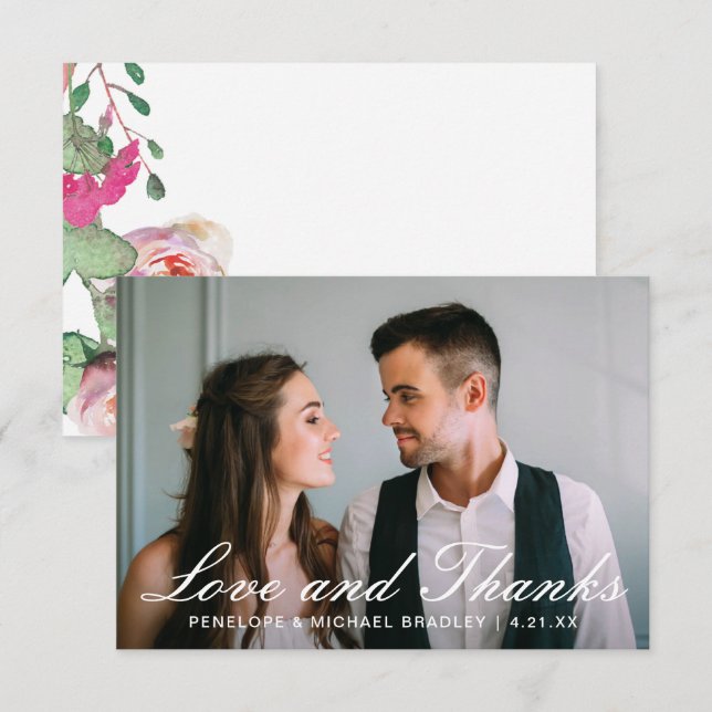 Vattenskärtningskort med Bröllop-Blommigt-fototack Tack Kort (Fram/baksida)