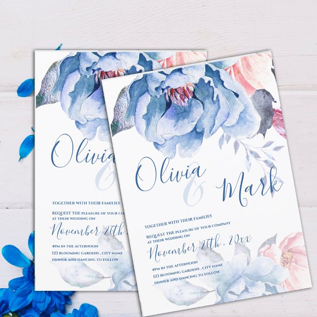 Vattenskärtningsskript Bröllop för blå persiko-Blo Inbjudningar (Watercolor Blue Peach Floral Cute Script Wedding Invitation)
