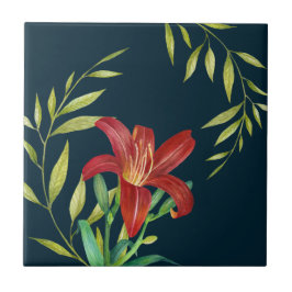 VattenskärtOrange Lily Illustration Mörk Turcos Kakelplatta