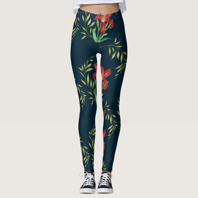 VattenskärtOrange Lily Illustration Mörk Turcos Leggings (Framsida)