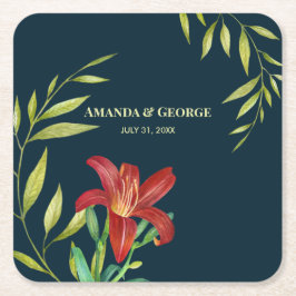 VattenskärtOrange Lily Illustration Mörk Turcos Underlägg Papper Kvadrat