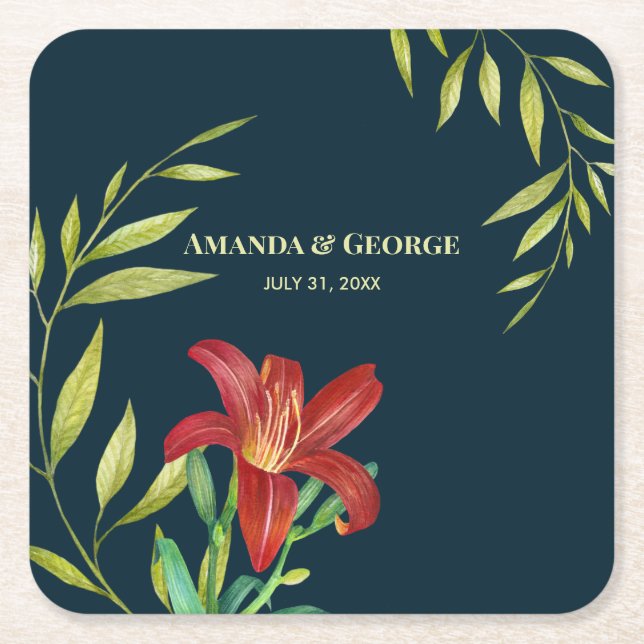 VattenskärtOrange Lily Illustration Mörk Turcos Underlägg Papper Kvadrat (Framsidan)