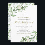 Vattenskärtskädda Blommor och Bat mitzvah grön Inbjudningar<br><div class="desc">Familjen inbjudan och vänner med den här lilla gröna inbjudan. Den här bat mitzvah inbjudan innehåller vattenfärgsillustrationer av grönt blad och vita blommor och ett matchande grönt mönster med guld-skript. Anpassa genom att lägga till information om namn, datum, tid, plats och andra händelser. Denna inbjudan är perfekt för mitzvahs i...</div>