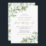 Vattenskärtskädda Blommor och Bat mitzvah grön Inbjudningar<br><div class="desc">Familjen inbjudan och vänner med den här lilla gröna inbjudan. Den här bat mitzvah inbjudan innehåller vattenfärgsillustrationer av grönt blad och vita blommor och ett matchande grönt mönster med guld-skript. Anpassa genom att lägga till information om namn, datum, tid, plats och andra händelser. Denna inbjudan är perfekt för mitzvahs i...</div>
