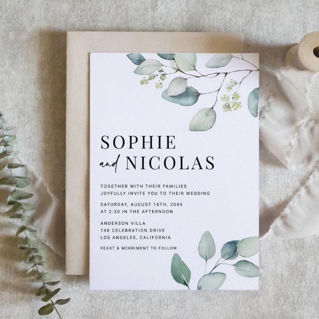 Vattenskärtskål Grönt Eucalyptus Bröllop Inbjudningar (Watercolor Sage Green Eucalyptus Wedding Invitation)