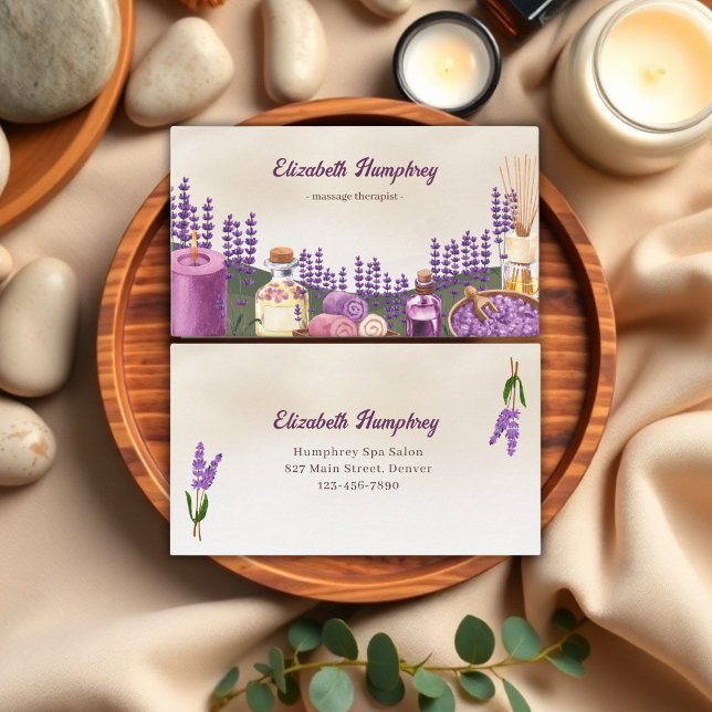 Vattenskärtskirurgi för spa-formelmassabehandling visitkort (Watercolor Lavender Spa Design Massage Therapist Business Card)