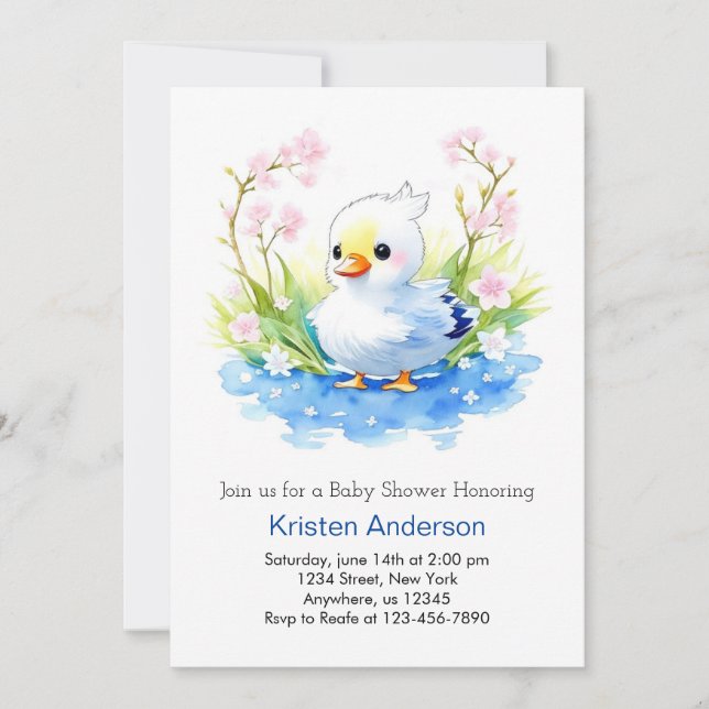 Vattenskärtskläder Blissful Duckling Blue Boy Baby Inbjudningar (Framsida)