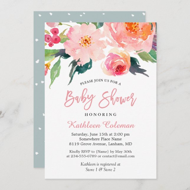 Vattenskärtskläder för modern Blommigt för babyklä Inbjudningar (Fram/baksida)