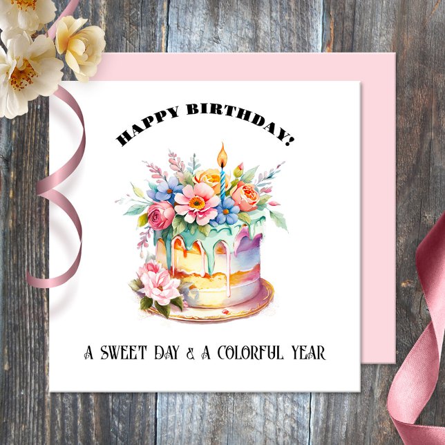 Vattenskärtskocka Grattis på födelsedagen-kort Kort (Birthday card featuring a watercolor painting of a sweet and festive birthday cake)