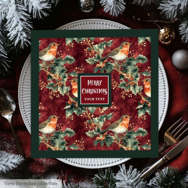 Vattenskärtskockor Blåkranbär Pappersservett (Watercolor Christmas sparrow cranberry red napkins)