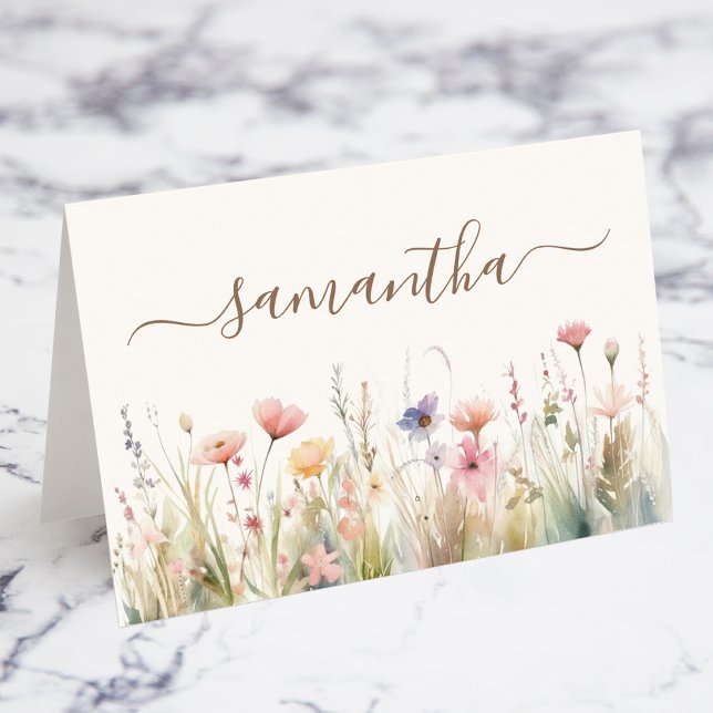 Vattenskärtskockor individuellt monteringskort bordsnummer (Watercolor Meadow Wildflower Individual Place Cards)