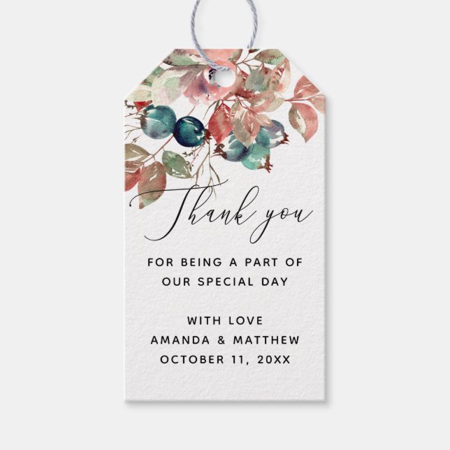 Vattenskärtskog blommigt bröllop tack. presentetikett (Framsidan)