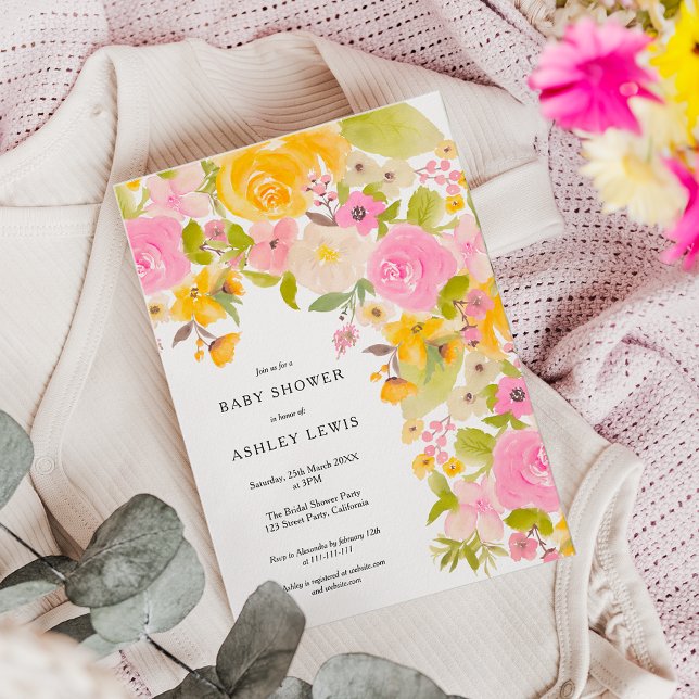 Vattenskärtskur för blommigt med låg fetstil inbjudningar (Bright bold yellow floral watercolor baby shower invitation)