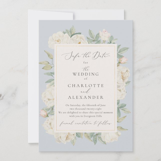 Vattenskärtvita blommor, ljusblått spara datumet inbjudningar (Framsida)