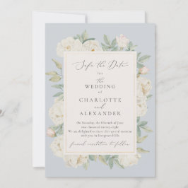 Vattenskärtvita blommor, ljusblått spara datumet inbjudningar