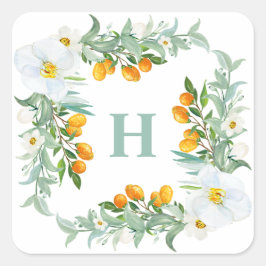 Vattenskärtvita Orchids och Kumquats Monogram Fyrkantigt Klistermärke
