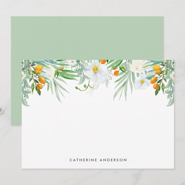 Vattenskärtvita Orchids och Kumquats Stationery Anteckningskort (Fram/baksida)
