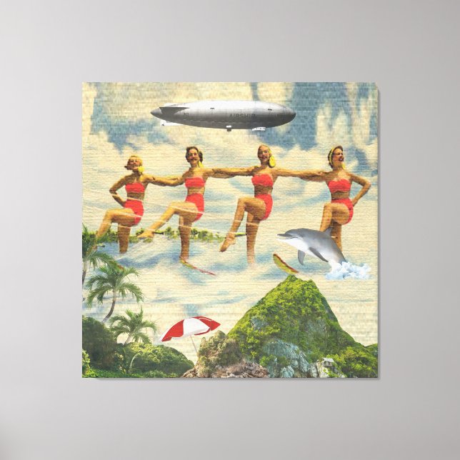 Vattenskiing Girls Tropical Blimp Dolphin Collage Canvastryck (Framsida)