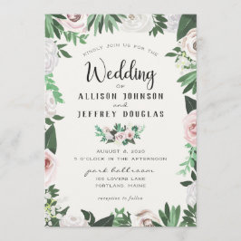 Vattenskort för Blommigt Rosa Vit Grönt Bröllop Inbjudningar