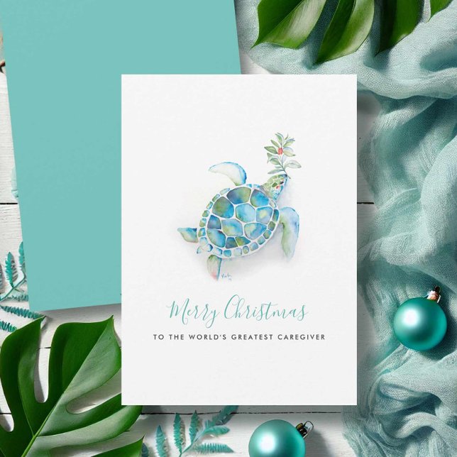 Vattenskort för sköldpadda - julkort (Beach Christmas cards watercolor sea turtle art by Victoria Grigaliunas of Do Tell A Belle)