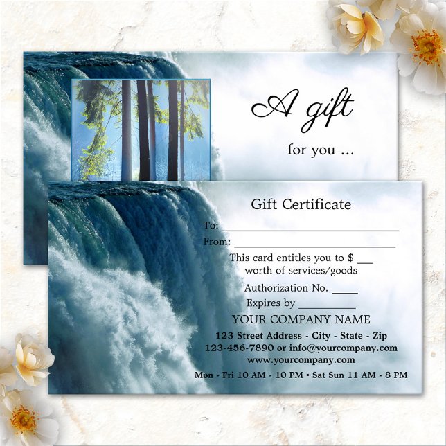 Vattenskort för skönhets - foto - gåva rabattkort (Gift certificate business card featuring your photo framed by a waterfall - spa - massage therapist)