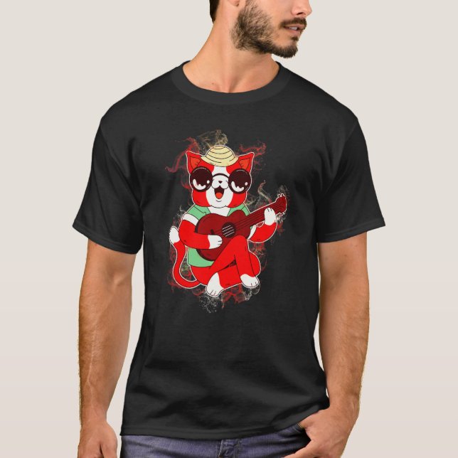 Vattenstänk Katt Musik Instrument Ukulele T Shirt (Framsida)