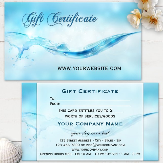 Vattenstänk Spa-gåvovoucher Rabattkort (Elegant blue turquoise water splash gift certificate with subtle sparkling bokeh effects)