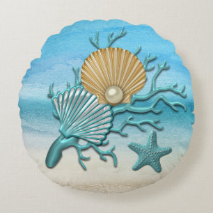 Vattenstrand och Guld Seashells Beach Rund Kudde