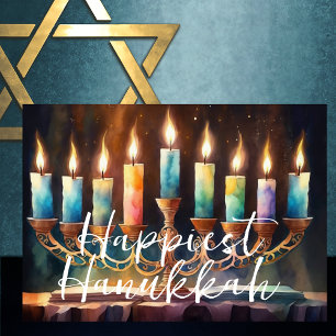 Vattentärfärgning av Menorah Colorful Candles Kort
