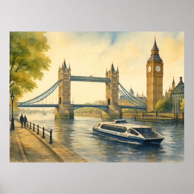 Vattentärfärgning av moderna London Thames Poster (Framsidan)