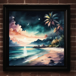 Vattentärfärgning av tropisk persika på natten poster