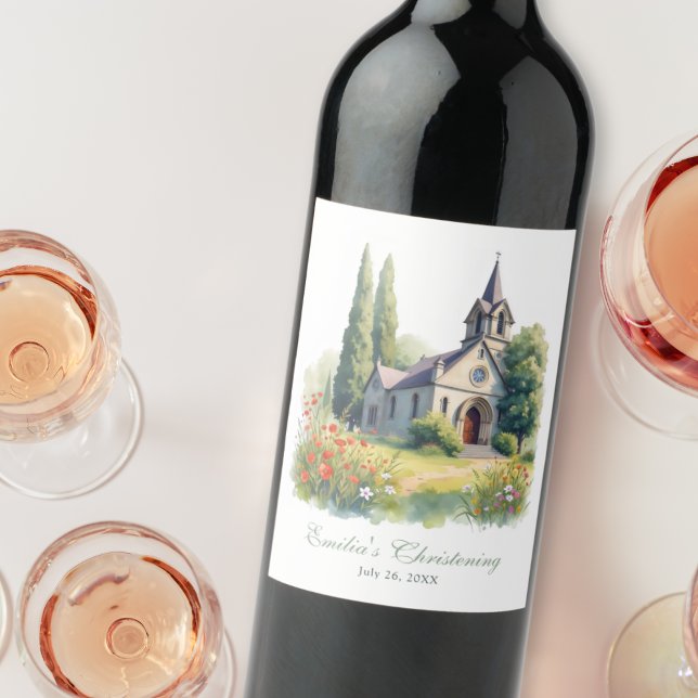 Vattentärfärgning på landssidan Church Baptism Chr Vinflaska Etikett (Watercolor Countryside Church Baptism Christening Wine Label)