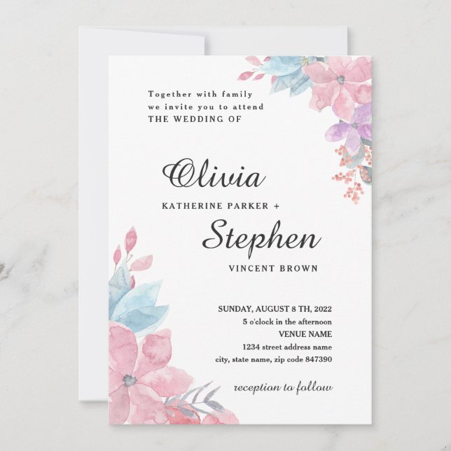 Vattentärg rosa botanisk blommigt bröllop.  inbjudningar (Framsida)