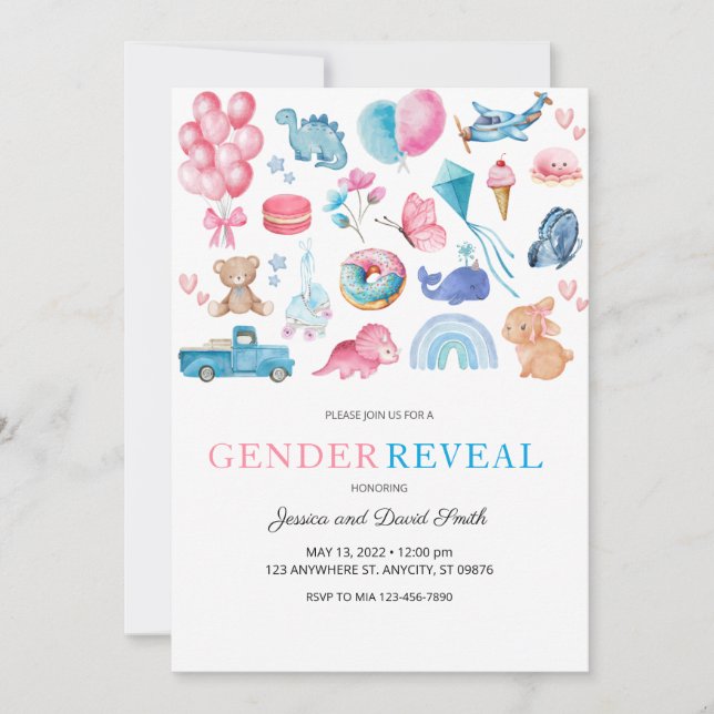 Vattentärgad Rosa och Blåfärgad visning av illustr Inbjudningar (Framsida)