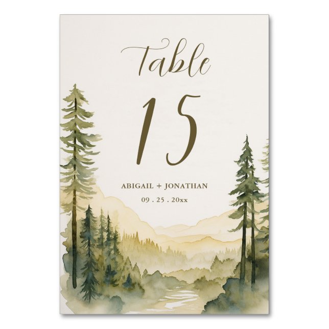 Vattentärgen Gräs Träd, skogsområdet Bröllop Bordsnummer (Framsidan)