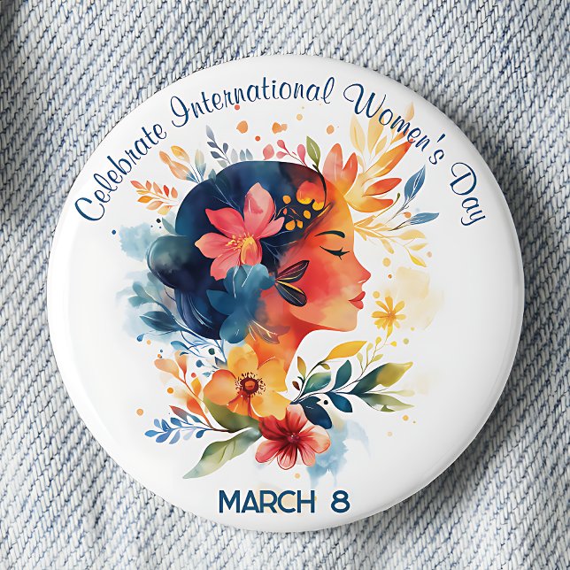 Vattentärsdag för att fira kvinnodagen i Internati Knapp (Celebrate International Women's Day March 8 pinback button.)