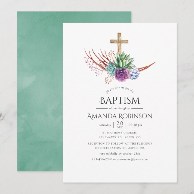 Vattentärsdeert Succult Baptism eller Christening Inbjudningar (Fram/baksida)