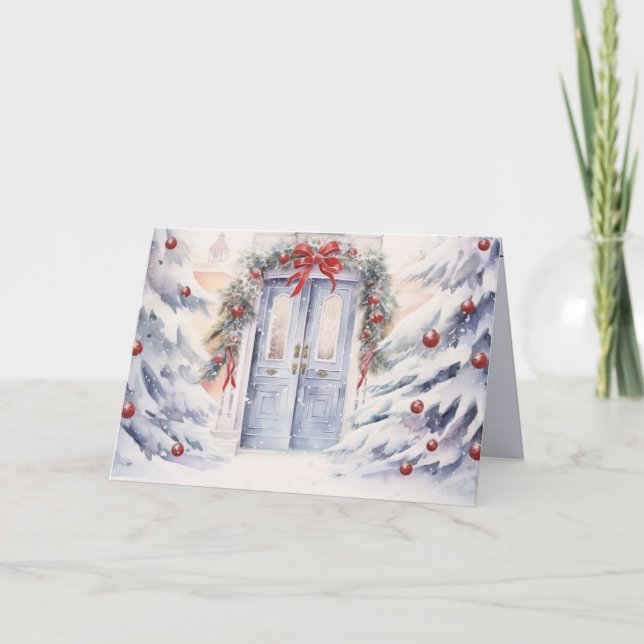 Vattentärsdörr med julprydnader helgkort (Framsida)