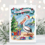 Vattentärsfärg Beach Pelican-julkort Helgkort<br><div class="desc">Julkort för piska med vita vattenfärger. Anpassa med din egen hälsning-text.</div>
